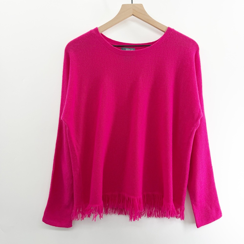 Griffen Cashmere Crew Neck Sweater Fringe Trim‎ in Hot Pink Size Large